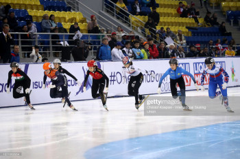 ALMATY, KAZAKHSTAN - DECEMBER 09: Skaters compete during the ladies 1500 meter second semi final during the ISU Short Track World Cup Day 2 at Halyk Arena on December 9, 2018 in Almaty, Kazakhstan. (Photo by Christof Koepsel - International Skating Union/International Skating Union via Getty Images)