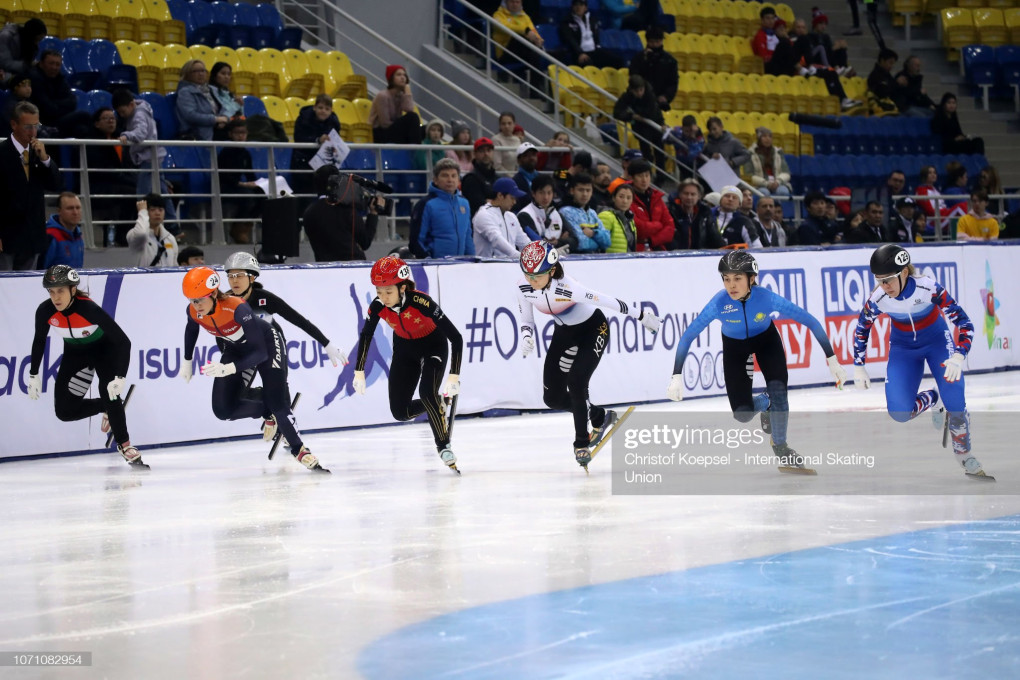 ALMATY, KAZAKHSTAN - DECEMBER 09: Skaters compete during the ladies 1500 meter second semi final during the ISU Short Track World Cup Day 2 at Halyk Arena on December 9, 2018 in Almaty, Kazakhstan. (Photo by Christof Koepsel - International Skating Union/International Skating Union via Getty Images)