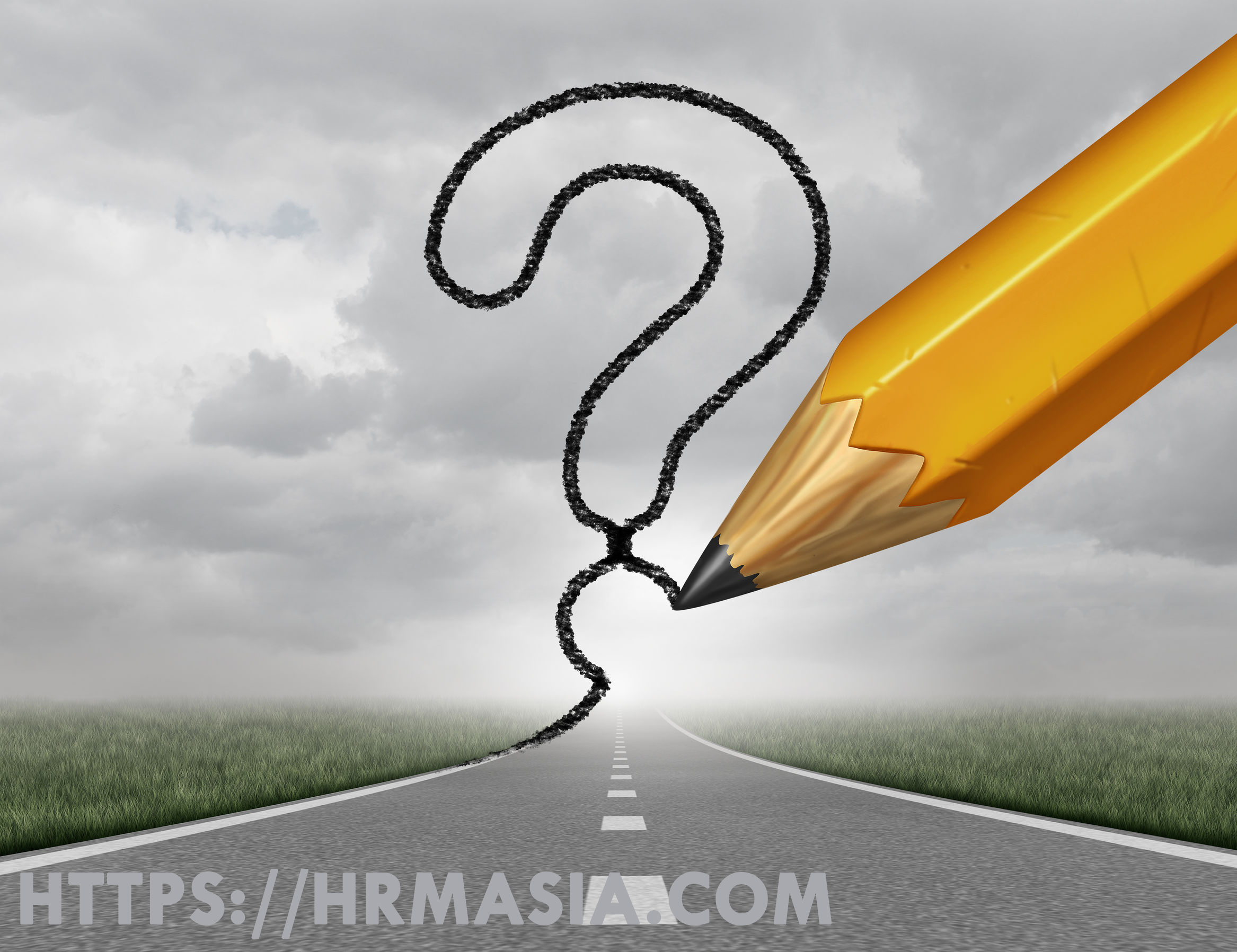 Business path questions road to change and corporate career pathway as a rising highway with a 3D illustration pencil drawing a question mark on a sky representing financial direction guidance and looking for answers.