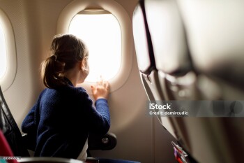 Cute little girl traveling by an airplane