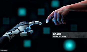 Robot hand making contact with human finger on dark blue background. Business communication and Innovation technology concept. 3D illustration rendering