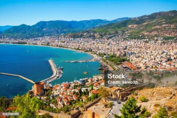 Kizil Kule Red Tower, Alanya castle and port aerial panoramic view in Alanya city, Antalya Province on the southern coast of Turkey