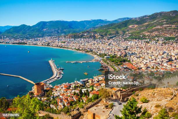 Kizil Kule Red Tower, Alanya castle and port aerial panoramic view in Alanya city, Antalya Province on the southern coast of Turkey