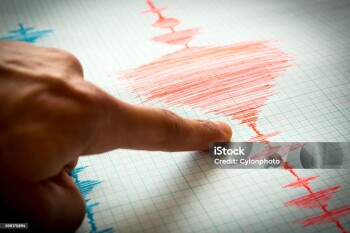 Seismological device for measuring earthquakes. Seismological activity lines on the sheet of measuring paper. Earthquake wave on graph paper. Vignette image. Human finger showing a detail.