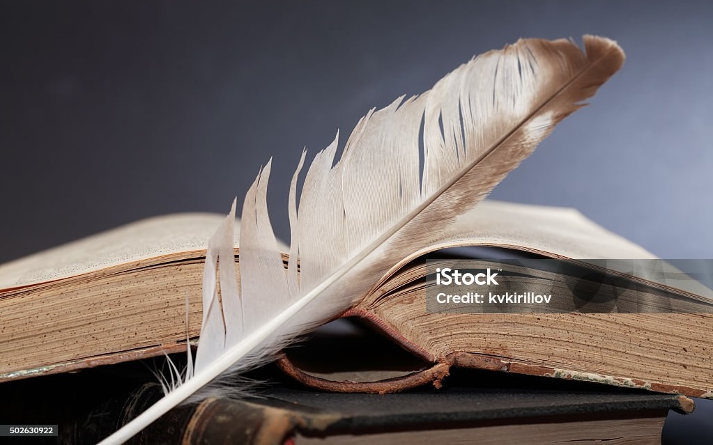 Literature concept. Still life with quill pen near old books