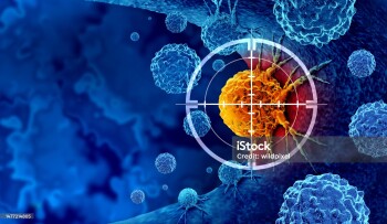 Cancer detection and screening as a treatment for malignant cells with a biopsy or testing caused by carcinogens and genetics with a cancerous cell as an immunotherapy symbol as a 3D render.