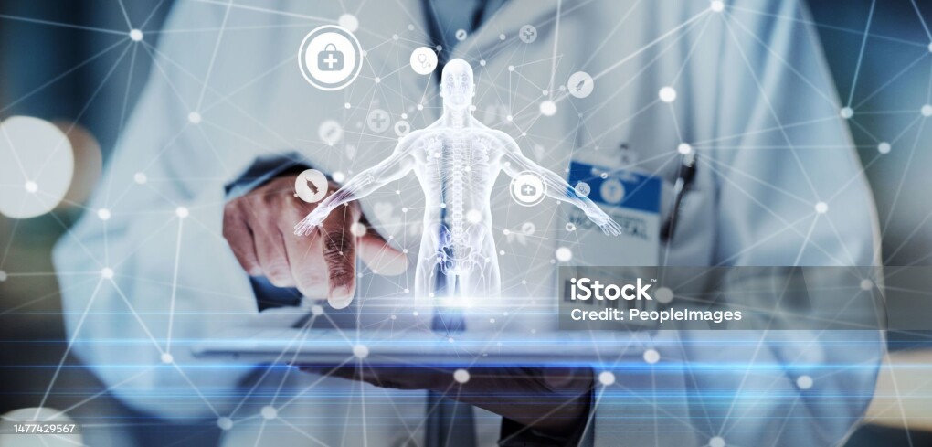 Tablet, hands or doctor with human body hologram for futuristic research, 3d ai analysis or hospital innovation. Life insurance, medical or man with virtual holographic anatomy for digital healthcare