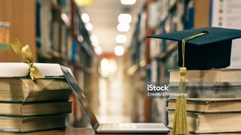 Online education, school study course, e-learning class, e-book digital technology and global educational success graduation concept with computer notebook open in library or classroom background