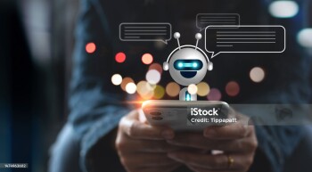 Digital chatbot, A.I., robot application, conversation assistant, AI Artificial Intelligence concept. Woman using mobile smart phone chatting with digital chatbot customer service