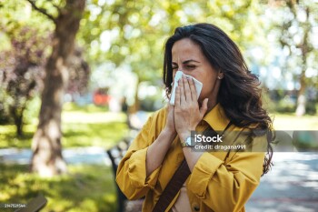 Portrait of unhealthy cute  female in yellow top with napkin blowing nose, looks to the source of the allergy, place for advertising. Rhinitis, cold, allergy concept. Pollen allergy symptoms