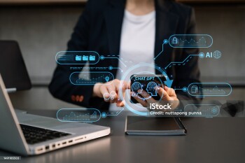 Woman using chatbot in computer and tablet  smart intelligence Ai.A.I. Chat with AI Artificial Intelligence, developed by OpenAI generate. Futuristic technology, robot in online system. in office