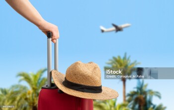 Woman with red suitcase standing on passengers ladder of airplane opposite sea with palm trees. Tourism concept