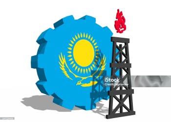 3D gear with gas rig simple icon, textured by Kazakhstan flag. Heavy and mining industry concept. 3D rendering