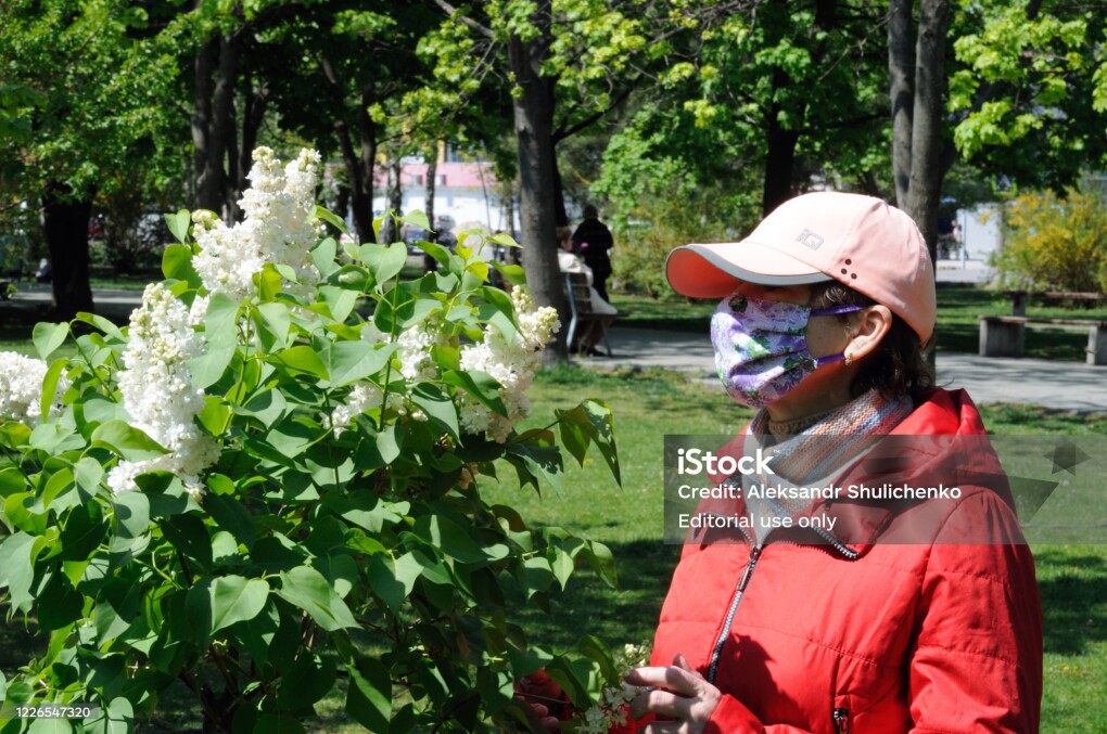 Dnipro, Ukraine, 04/30/2020. Epidemic Coveid-19. Woman in protective makeshift mask admires a bush of blooming lilacs in the park