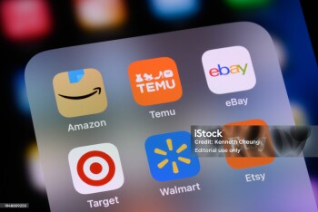 Toronto, Canada - January 20, 2024:  Popular online shopping apps on an Apple iPhone:  Amazon, Temu, eBay, Target, Walmart and Etsy.