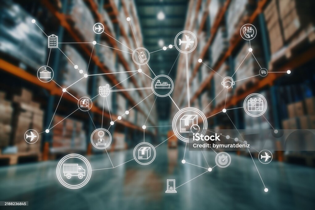 A network of logistics and supply chain icons superimposed over a blurred warehouse, illustrating interconnected systems, transportation, and global distribution.