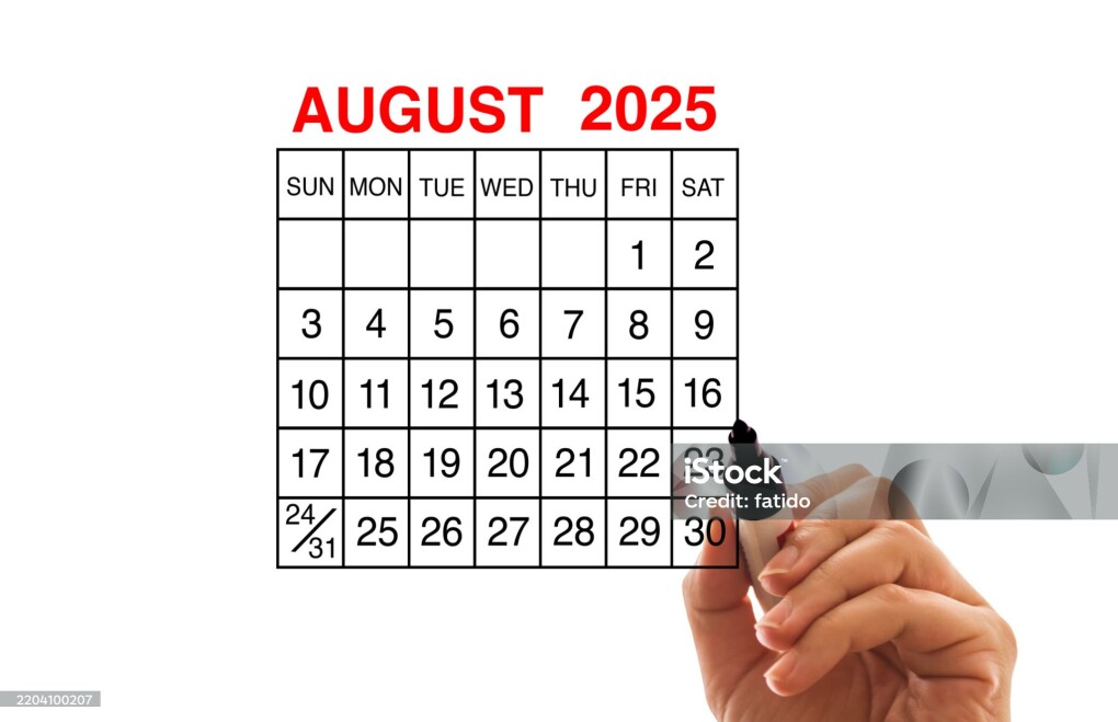 2025 Calendar August on White Background