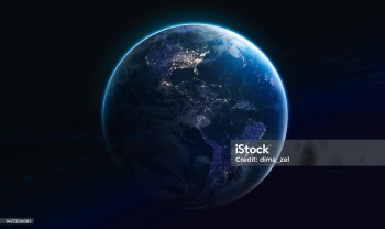 Earth planet at night into the dark. Cities light. Earth in deep space with stars. Planet sphere. Elements of this image furnished by NASA (url: https://eoimages.gsfc.nasa.gov/images/imagerecords/79000/79765/dnb_land_ocean_ice.2012.3600x1800.jpg)