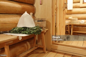 Bath accessories in the interior of the Russian bath.