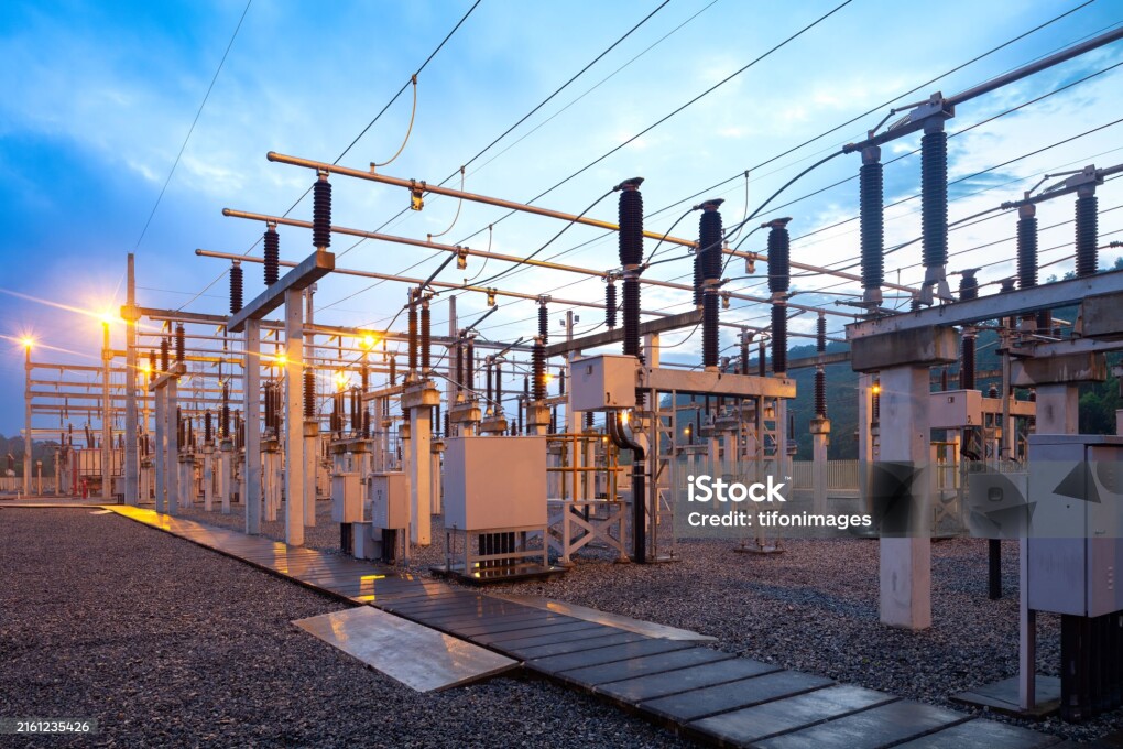 Electric substation at dusk