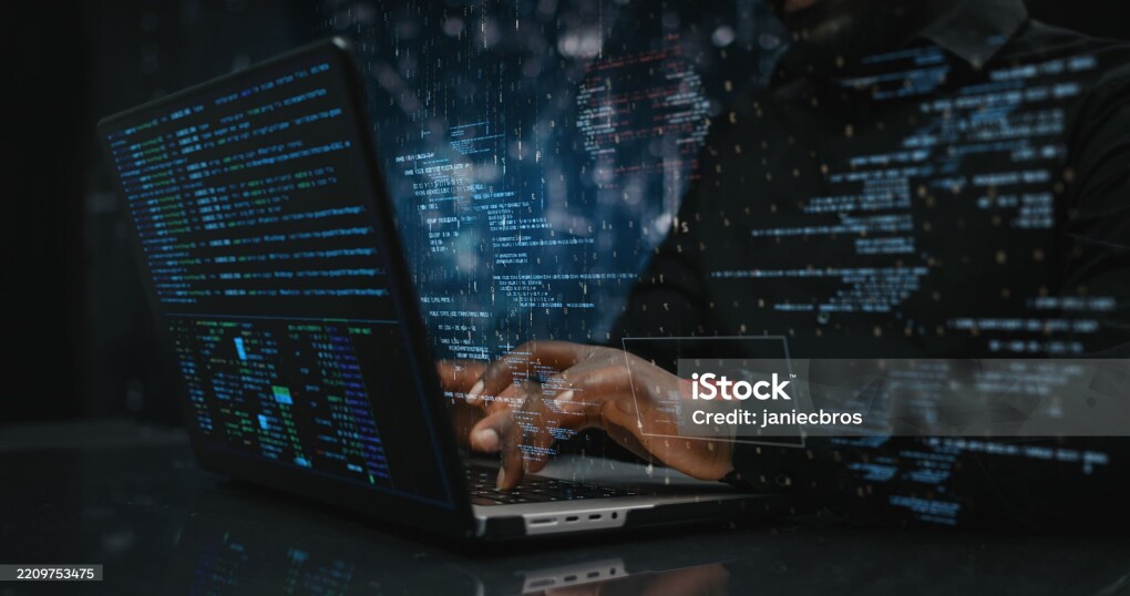 Futuristic vision of working and interacting computers and tablets with modern holographic interface. Businessman, programmer, coder, AI technician working in future