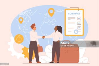 Employment contract with foreign, international company, work visa and brain drain. Handshake agreement of tiny employee and employer by big world map and contract cartoon vector illustration