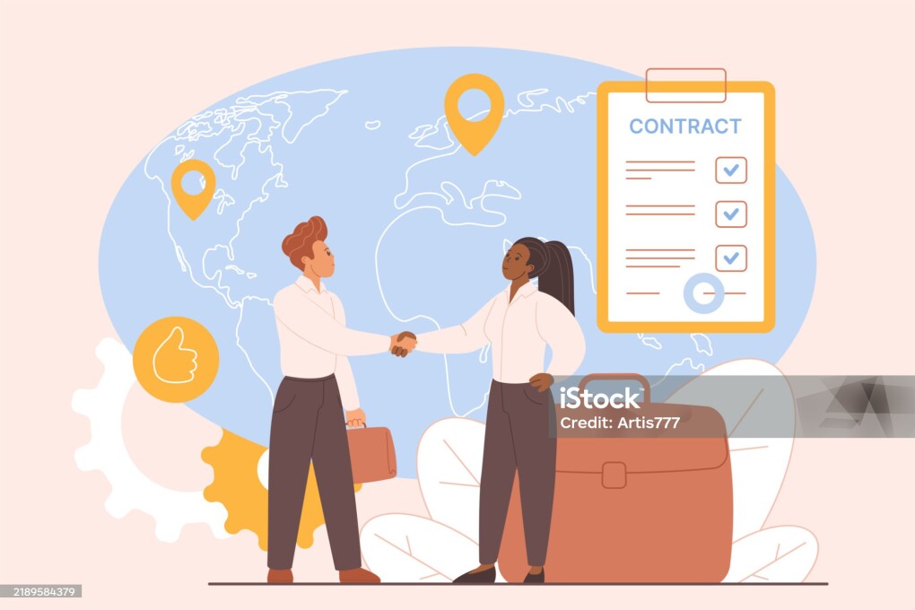 Employment contract with foreign, international company, work visa and brain drain. Handshake agreement of tiny employee and employer by big world map and contract cartoon vector illustration