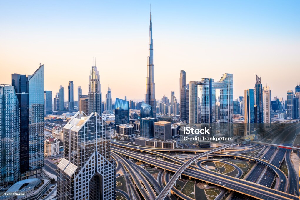 the skyline of dubai during sunrise