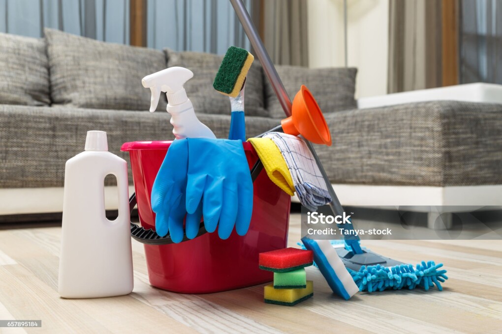 Cleaning service. Bucket with sponges, chemicals bottles and mopping stick. Rubber gloves, plunger and towel. Household equipment.