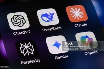 Toronto, Canada - January 27, 2025:  Popular AI virtual assistant apps on a smartphone - ChatGPT, DeepSeek, Anthropic Claude, Perplexity, Google Gemini, Microsoft Copilot.