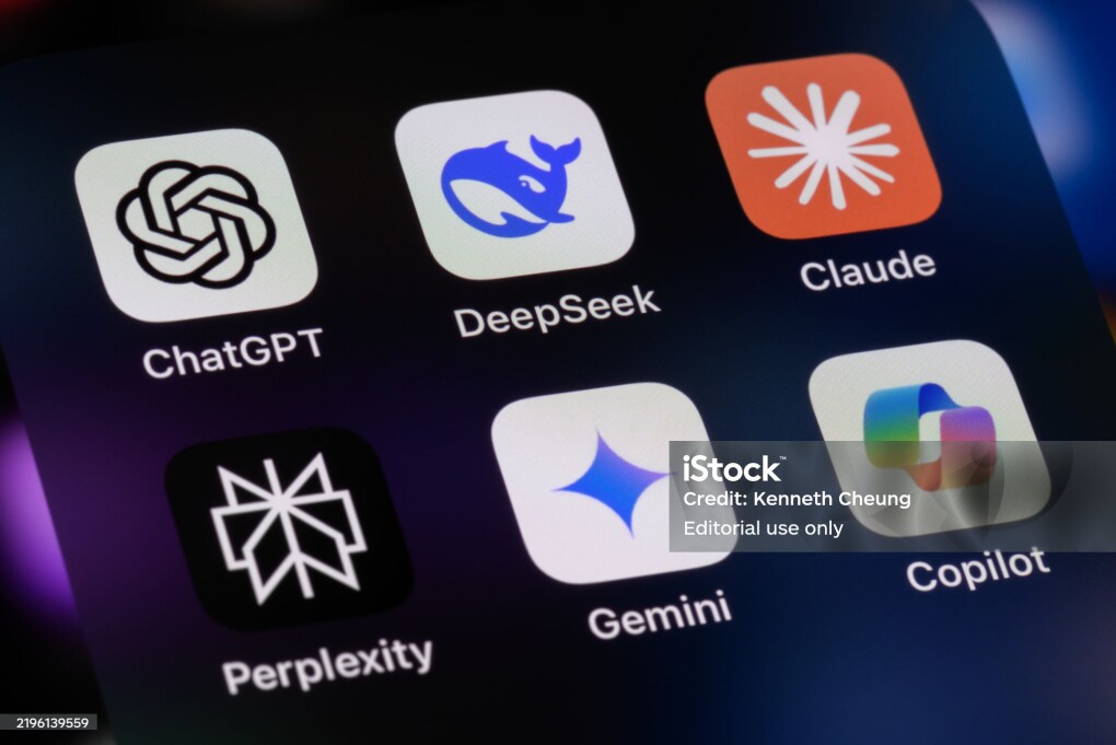 Toronto, Canada - January 27, 2025: Popular AI virtual assistant apps on a smartphone - ChatGPT, DeepSeek, Anthropic Claude, Perplexity, Google Gemini, Microsoft Copilot.