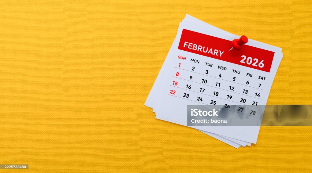 2026 February calendar on yellow background