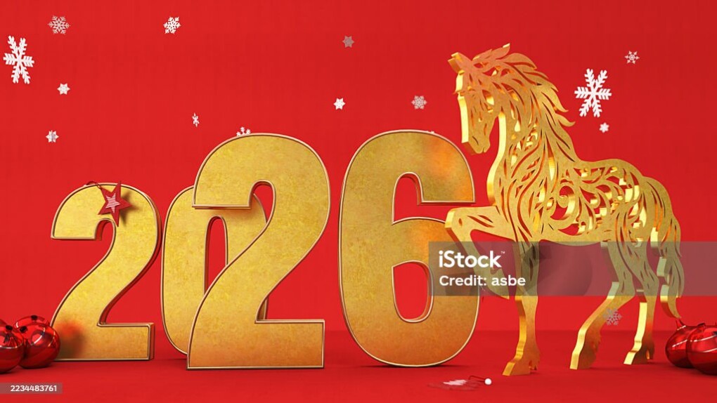 Golden 2026 Typography with Horse Figure on Red Background. 3D Render