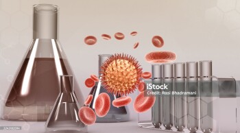 Virus bacterial cells in chemistry lab background. 3d illustration