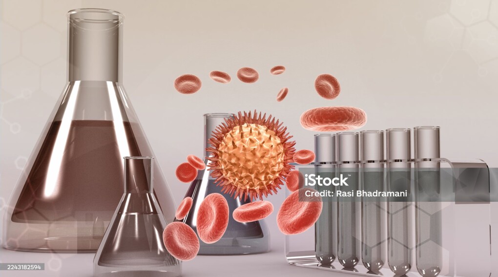 Virus bacterial cells in chemistry lab background. 3d illustration