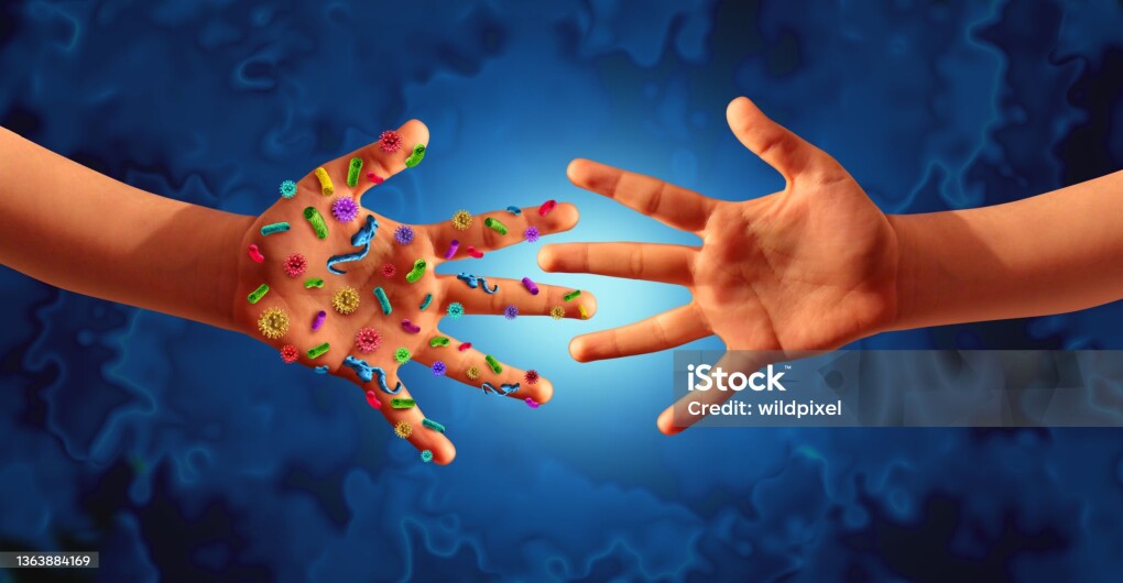 Contagious Disease Transmission and infectious diseases spread as a hygiene concept with hands full of germ virus and bacteria spreading in public as an exposure concept as infected people with 3D illustration elements.
