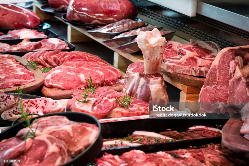 Raw meats on Butcher's shop. Stock Image.