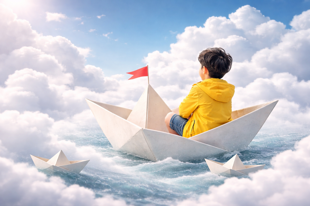 Мальчик в бумажной лодке на облаках