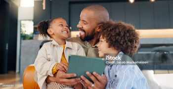 Laughing, movie and tablet with family in living room of home for bonding, entertainment or love. App, social media or streaming with happy father and children in apartment for subscription service