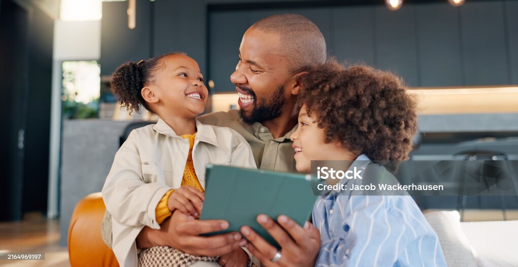 Laughing, movie and tablet with family in living room of home for bonding, entertainment or love. App, social media or streaming with happy father and children in apartment for subscription service