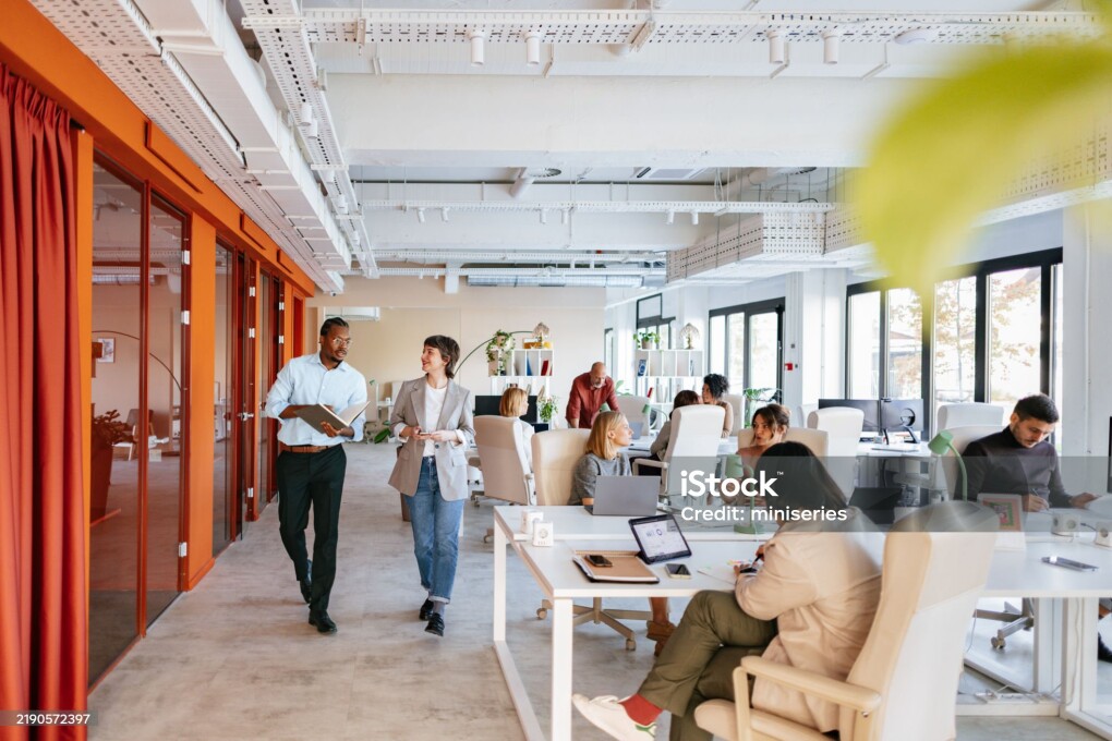 Group of professionals collaborating in a bright, modern office space designed for co-working and teamwork.