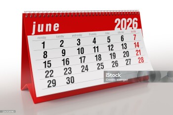 Red Desk Calendar Isolated on White Background Showing the Month of June 2026. 3d Rendering