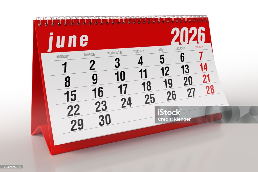 Red Desk Calendar Isolated on White Background Showing the Month of June 2026. 3d Rendering