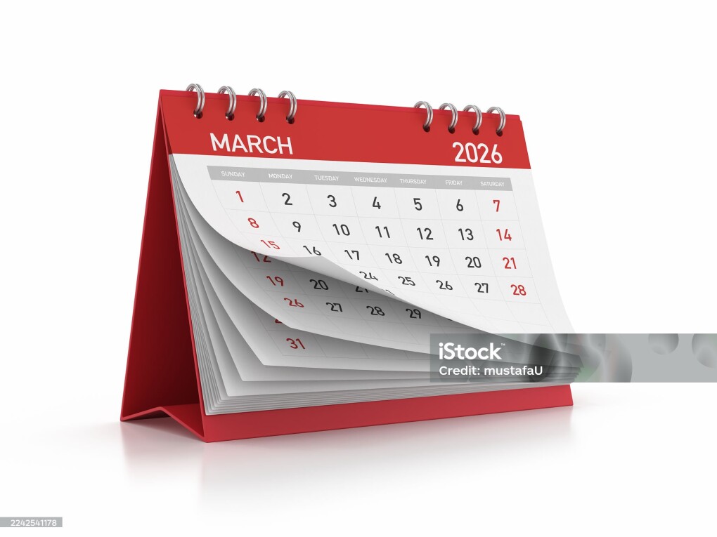 Red 2026 March Monthly Desktop Calendar Isolated on White Background