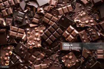 Assorted chocolate bar and chunks, background. Flat lay with a multitude of chocolate kinds. Delicious cocoa dessert. Baking chocolate collection.