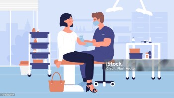 Vaccination, medical treatment, prevention and immunize vector illustration. Cartoon man doctor character making flu vaccine injection to woman in hospital, immunization medicine healthcare background