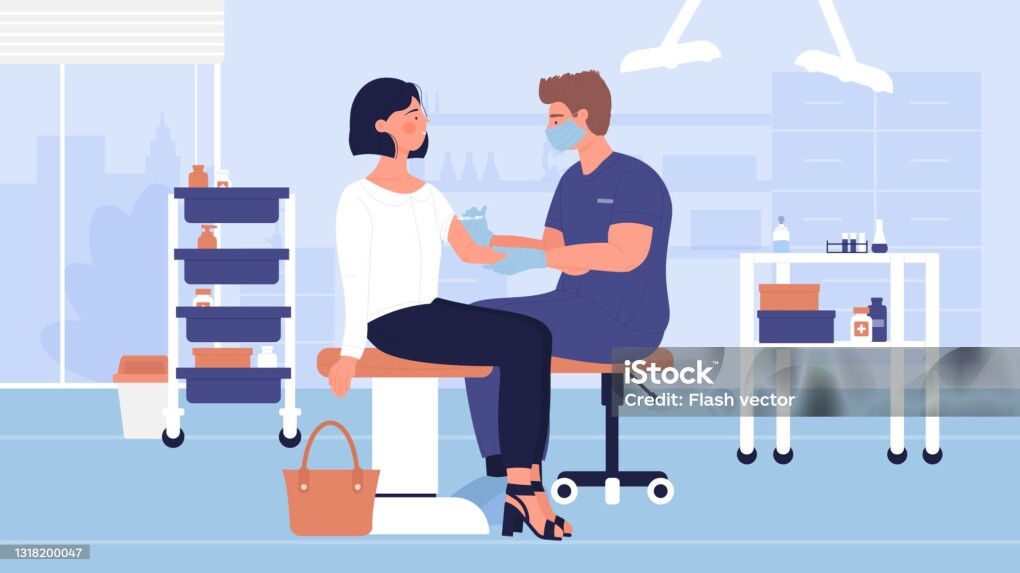 Vaccination, medical treatment, prevention and immunize vector illustration. Cartoon man doctor character making flu vaccine injection to woman in hospital, immunization medicine healthcare background