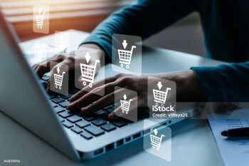 Shopping Online. woman hand online shopping on laptop computer with virtual graphic icon diagram on desk, payment online, digital marketing, business finance, internet network technology concept