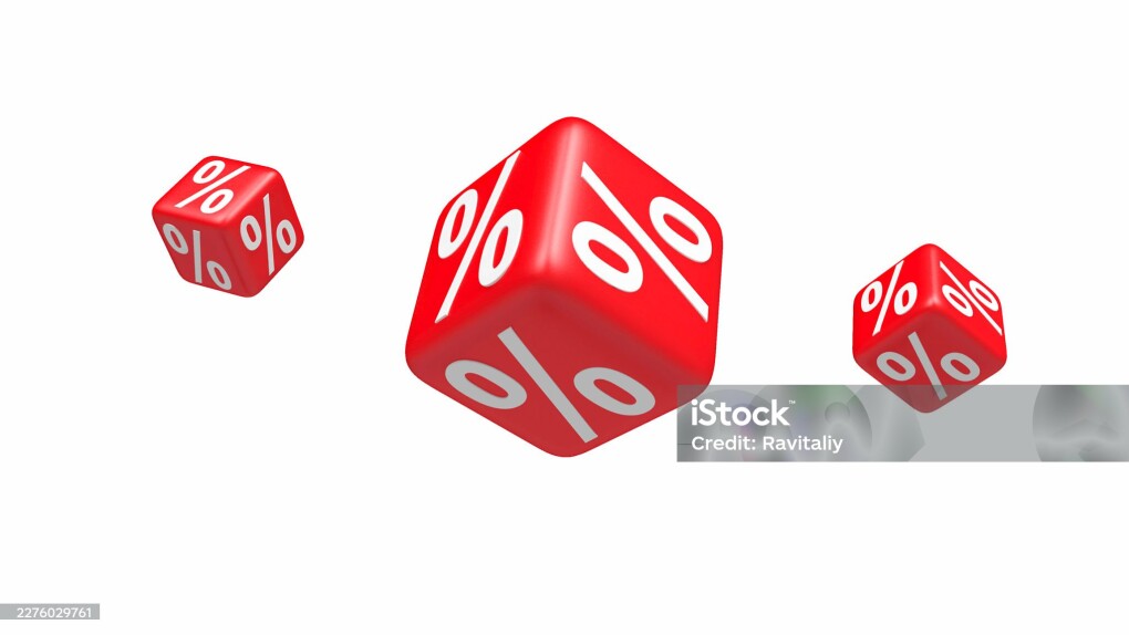 Three red dice with percent symbols floating on a white background, 3D render, 3D illustration