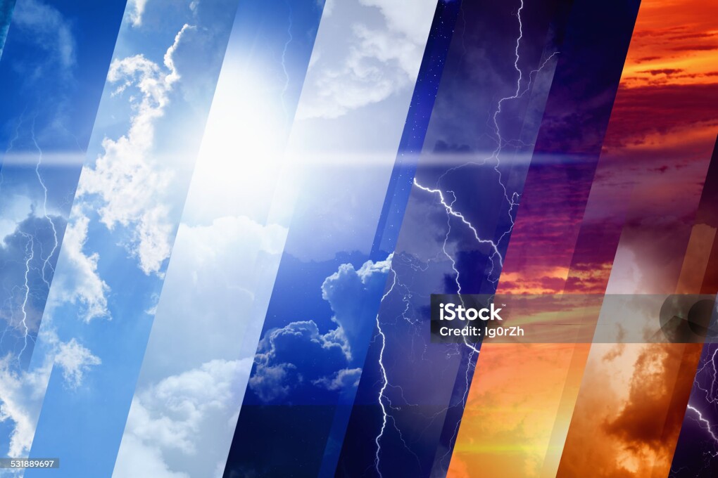 Weather forecast concept background - variety weather conditions, bright sun and blue sky, dark stormy sky with lightnings, sunset and night